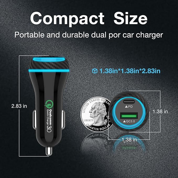 MOCA 51W QC 3.0 Fast Charging W/ 2pcs 3.3ft A-P/C-P Cable Car Charger for iPhone 16/15/14 Pro Max/Plus/16e, iPad, Samsung Galaxy S25/S24/S23 Ultra, Pixel, Android, PD/QC Car Phone Adapter Accessories