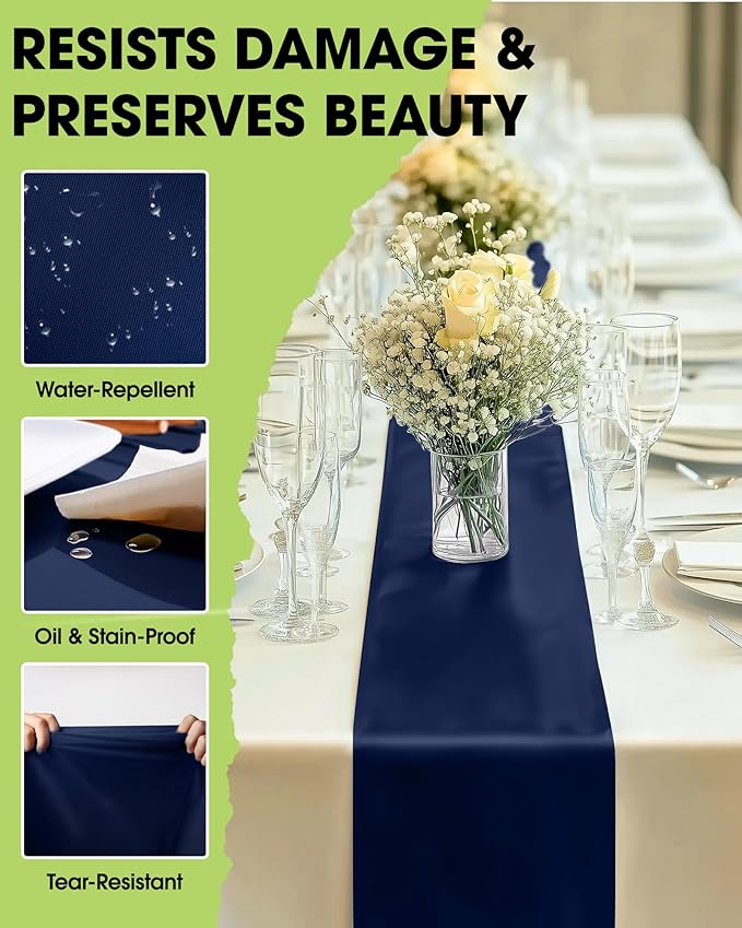 Pureegg Navy Blue Plastic Table Runners - 12 Pack, 14'' x 108'', Water Resistant & Disposable Centerpiece Decorations for Table Cloth, Wedding, Birthday, Holiday, Baby Shower, Party, Home Decor