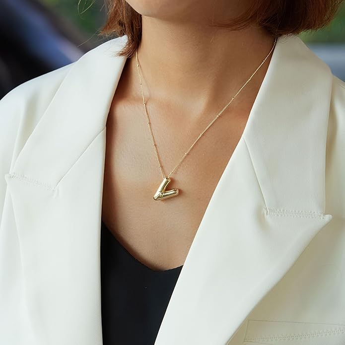 Inerney Valentines Day Gifts Gold Bubble Letter Necklace Initial Necklaces for Women, Chunky 14K Plated Balloon Initials, Trendy Charm Non Tarnish Custom Name Pendant Jewelry Gifts for Mom