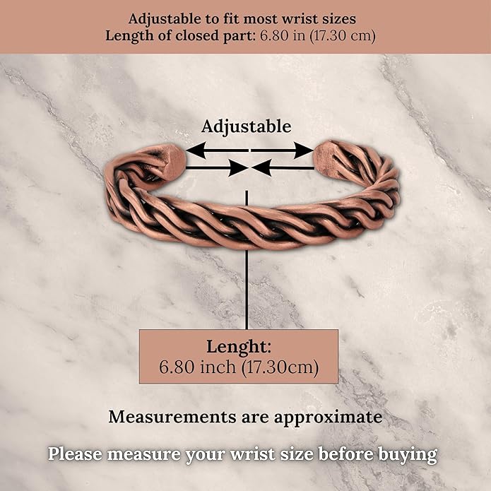Handmade Elegant Copper Bracelet for Women and Men-Pure Copper Bracelet for Pain Relief and Stress Relief-Adjustable, Thickest, Twisted Copper Wire Bracelet to Fit many Size Wrist(folded)