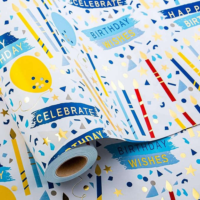 MIMUTI Blue Birthday Wrapping Paper for Boys - 17 Inch X 33 Feet - Foil Gift Wrap with Colorful Balloons, Candles, HappyBirthday Text Design for Birthday, Holiday, Party, Baby Shower