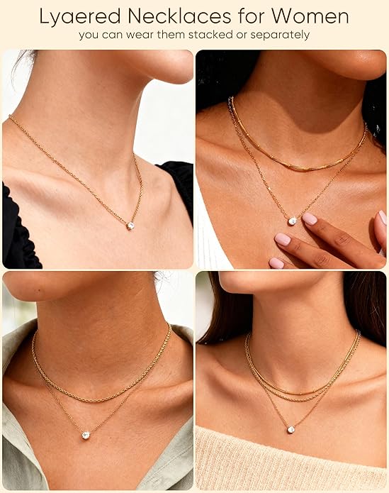 KSF Layered Gold Necklaces for Women - 18K Gold Plated 3PCS Dainty Simple Stackable Choker Necklace, Cubic Zirconia Pendant Necklace Trendy Jewelry Gift Set for Women