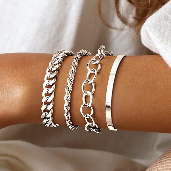 Chunky Gold Bracelets Stack for Women Non Tarnish, Waterproof 14K Gold Plated Bangle Cuff Bracelets Set for Women Trendy Thick Layered Cuban Link Chain Paperclip Rope Stackable Bracelet for Jewelry Gifts