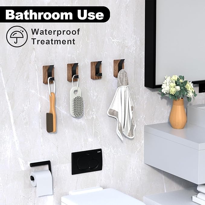 4 PCS Black Walnut Wood Wall Hooks Adhesive Mounted & Wall Mounted Rustic Decorative Entryway Hooks Mid Century Modern Natural Wooden Pegs for Hanging Coat Clothes Hat Bag Purse and Towel