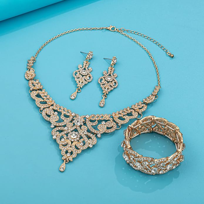 Silver Gold Plated Wedding Jewelry Sets Bridal Necklace Rhinestone Earrings Bracelets
