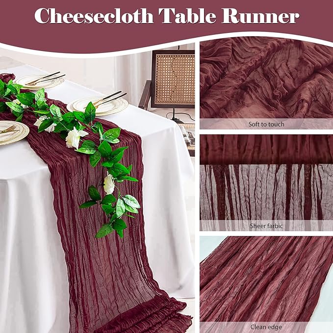 2 Pack 10 Ft Cheesecloth Table Runner Burgundy Gauze Long Table Runners Boho Gauze Cheese Cloth Table Runner Rustic Sheer Runner for Wedding Party Table Decor ( 35 x 120 Inch )