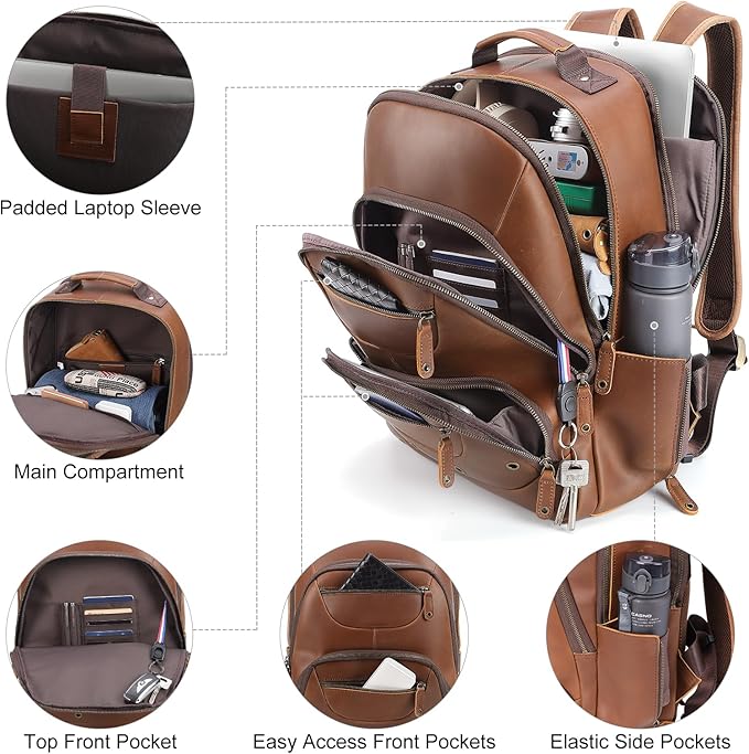 TIDING Brown Leather Travel Backpack for Men, Vintage 16 Inch Laptop Casual Daypack Business Camping Overnight Rucksack