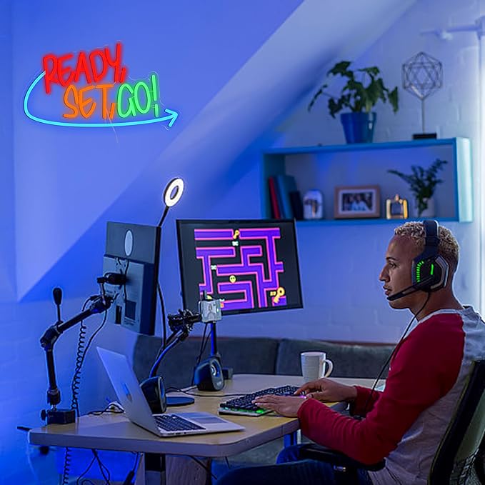 Ready Set Go Neon Sign for Game Room Colorful Game Neon Light Anime Gamer Led Light Sign Dimmable Gameing Light Up Sign for Boys Bedroom Man Cave Party (16.5 * 9.4 In)
