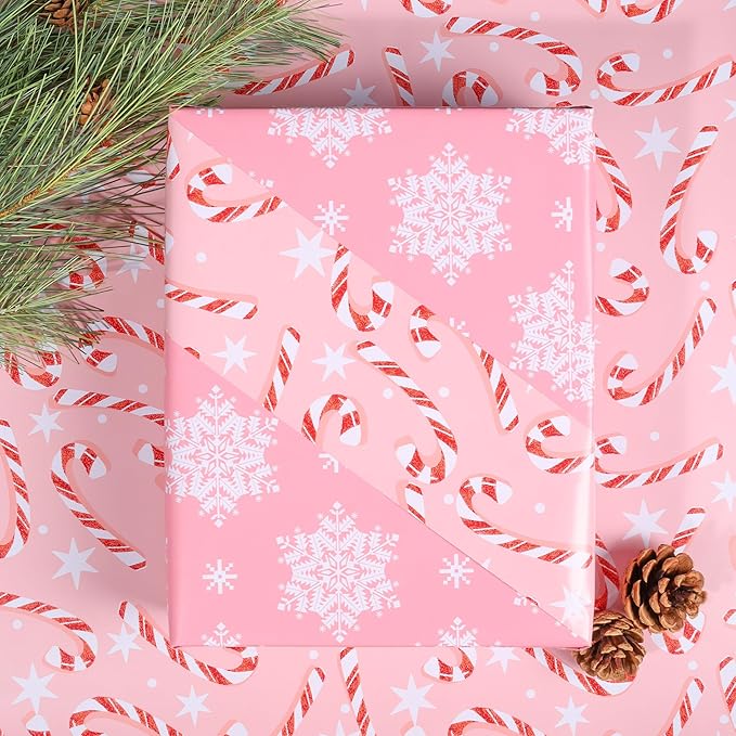 LaRibbons Reversible Christmas Wrapping Paper Roll, Pink Snowflake & Candy Cane Design for Christmas, Party, Holiday, Celebration, 17 Inch X 33 Feet