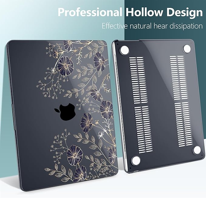 TWOLSKOO Compatible with M4 MacBook Air 13.6 inch Case 2025-2022 Release M4 A3240 M3 A3113 M2 A2681, Plastic Hard Shell & Keyboard Cover & Type C Adapter & Screen Protector, Golden Flowers
