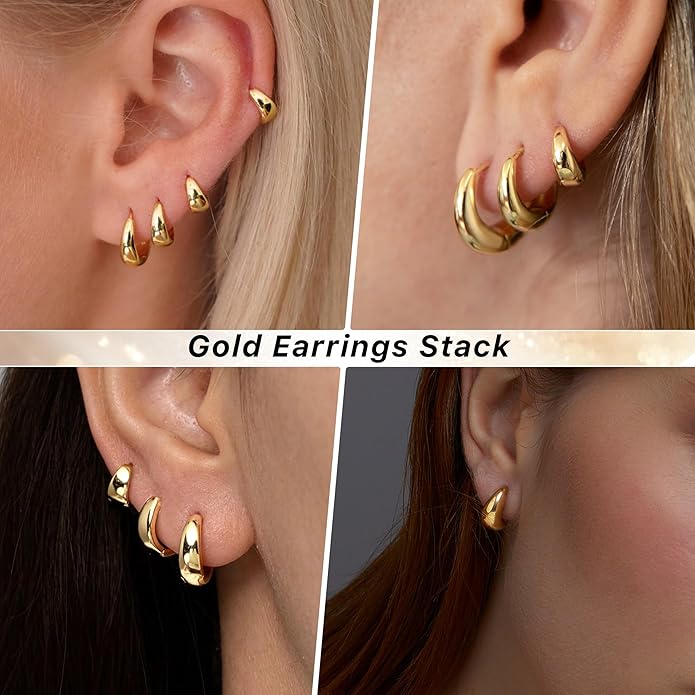 Small Gold Huggie Hoop Earrings Set for Women Men Hypoallergenic 14K Plated Stack Cartilage Earrings, Multiple Piercing Lightweight Mini Thin Cute Dainty Trendy Jewelry Set Christmas Gifts for Women