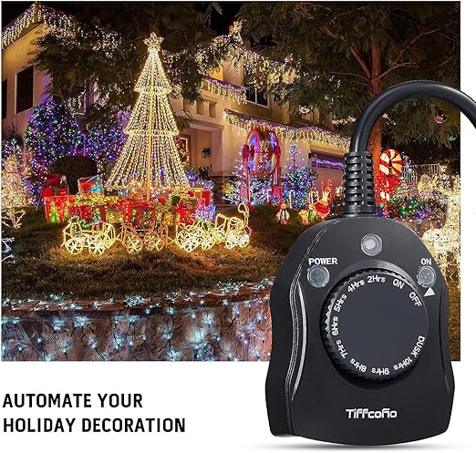 TiFFCOFiO Outdoor Christmas Light Timer, Dusk to Dawn Sensor Countdown, Outdoor Timers for Electrical Outlets Waterproof, 2 Grounded Outlets for Christmas Lights, 15A 1/2HP, CSA Listed (2 Pack)
