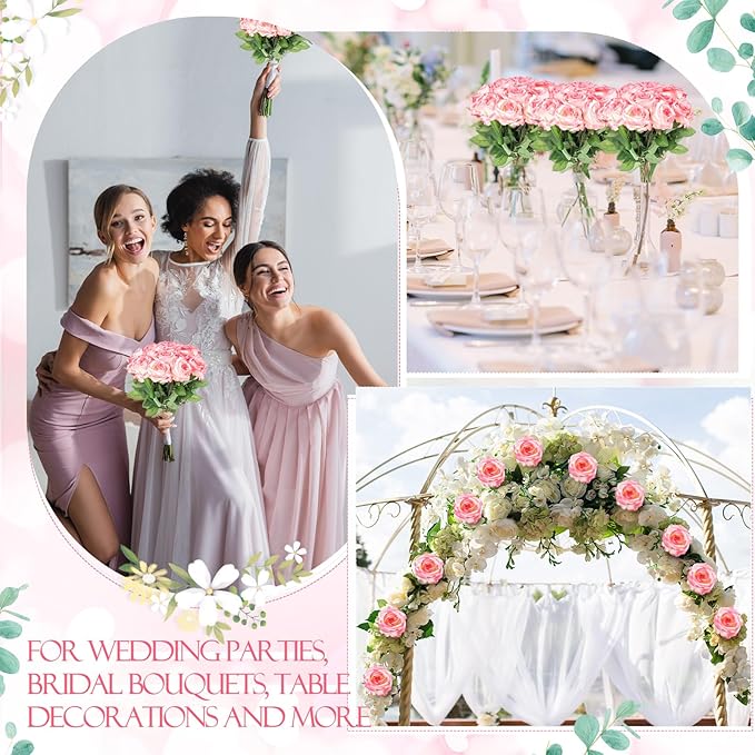 Hotop 80 Pcs Rose Artificial Flowers Bulk with Long Stem, Silk Roses Realistic Fake Flowers Bouquet for Wedding Table Centerpieces Bridal Shower Party Home Decorations(Gradient Pink)