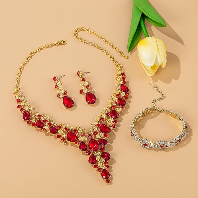 Wedding Bridal Bridesmaid Austrian Crystal Rhinestone Jewelry Sets Statement Choker Necklace Earrings Bracelets Sets for Wedding Party Prom