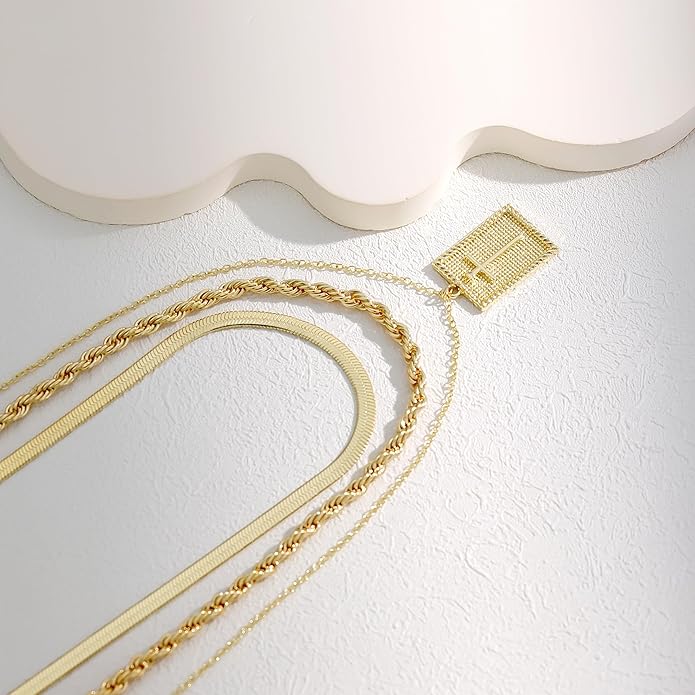 Evabelle Gold Layered Necklace for Women Trendy Jewelry 14K Real Gold Plated Chunky Chain Stackable Necklaces Dainty Choker Necklaces Rectangle Square Pendant