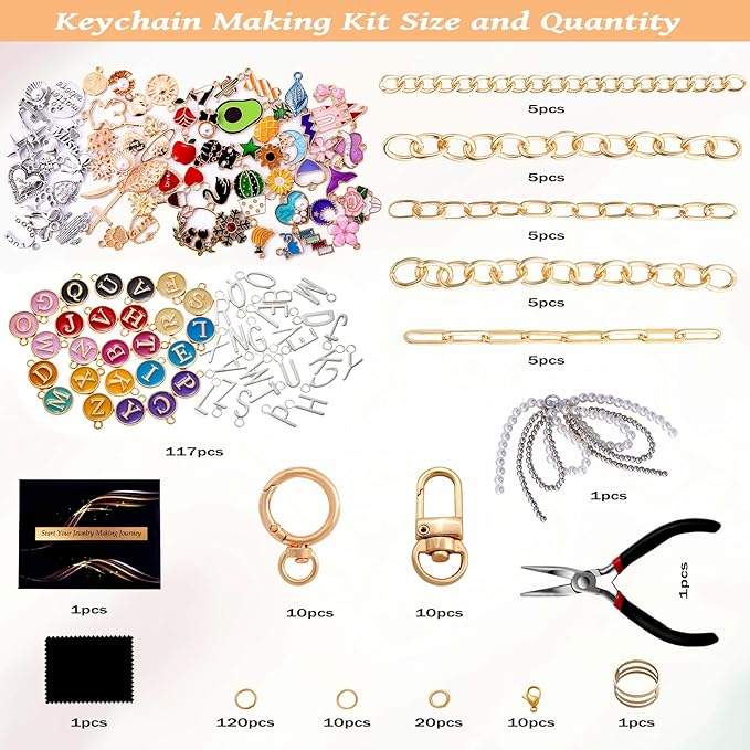 Wurosi 325Pcs Charms Lip Gloss Keychain Making Kit, Including 20 Keychain Clips 25 Extender Chain 118 Charms Jewelry Plier, Bag Charm Kit, Keychains Making Supplies for Jewelry Making,Christmas Gifts
