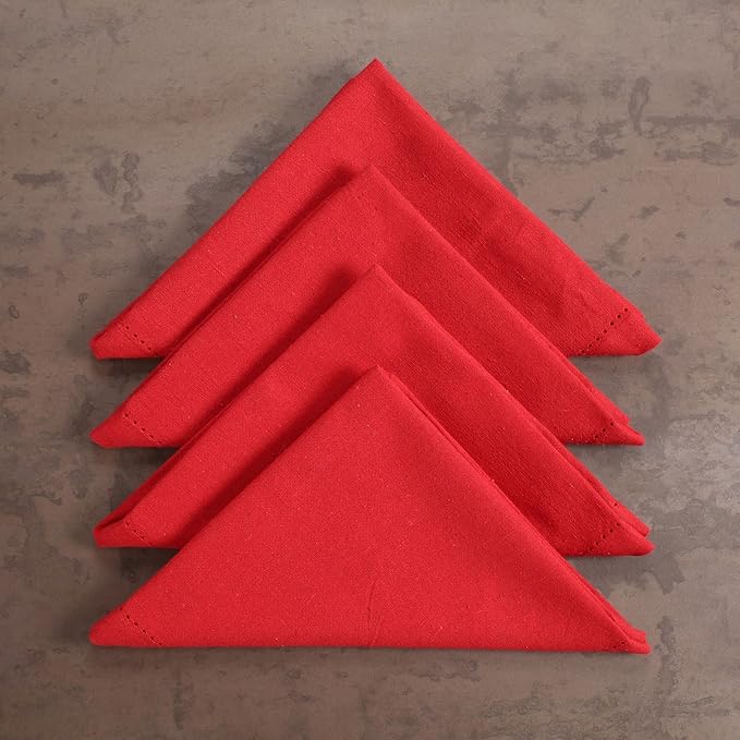 LFH Home Hemstitched Cloth Dinner Napkins 18x18 Inch Set of 12 - Reusable 100% Cotton Machine Washable Cocktail Napkins with Metered Corners for Daily, Party, Wedding, Bar Use - Red
