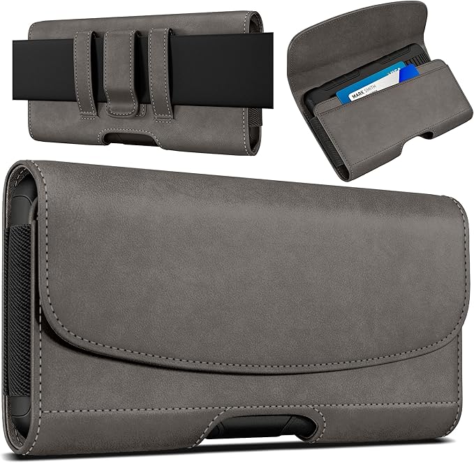 Case for Large iPhone Plus, Pro Max 16 15 14 13 12 11 XS, Samsung Galaxy S25+ S24+ S23+ S22+ S21+, Cell Phone Belt Holster Clip, ID Card Holder Pouch, Fits with Case On, Pewter Large