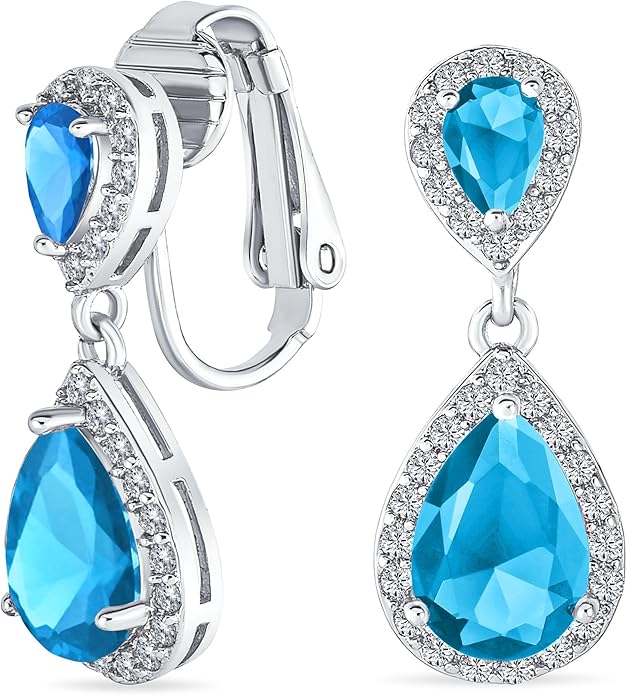 Vintage Style Bridal Cubic Zirconia Simulated Gemstone AAA CZ Halo Dangle Teardrop Chandelier Clip On Earrings For Women Silver Rose Gold Plated in Black Purple Blue Red Rose Pink Green Clear