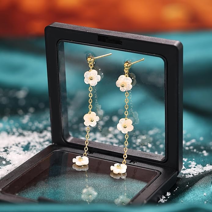 Moodear Gold Dangle Earrings for Women Trendy Dainty 14K Gold Plated Pearl Flower Dangle Drop Stud Chain Earrings Hypoallergenic Long Dangle Earrings for Women Wedding Jewelry Gifts