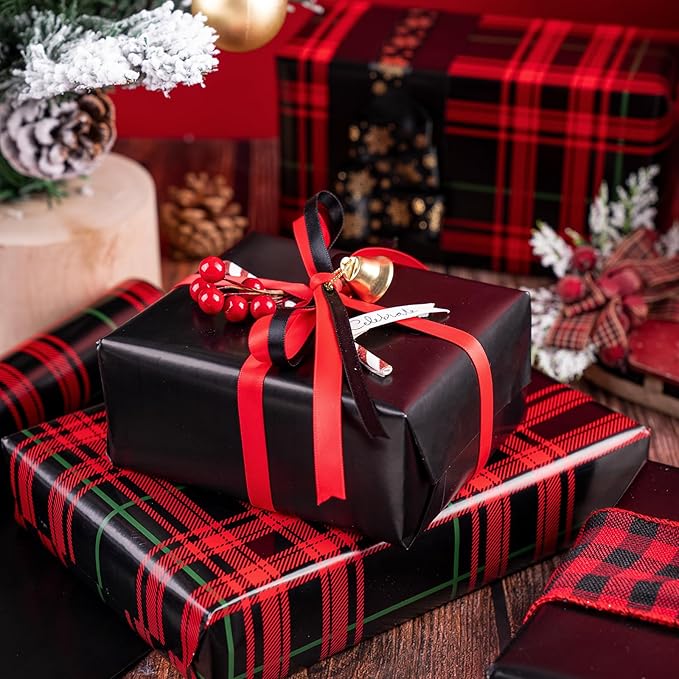 WRAPAHOLIC 30 Inch Jumbo Reversible Plaid Wrapping Paper - 30 Inch x 100 Feet Jumbo Roll Red and Black Plaid Christmas Wrapping Paper for Christmas, Birthday, Baby Shower, Holiday