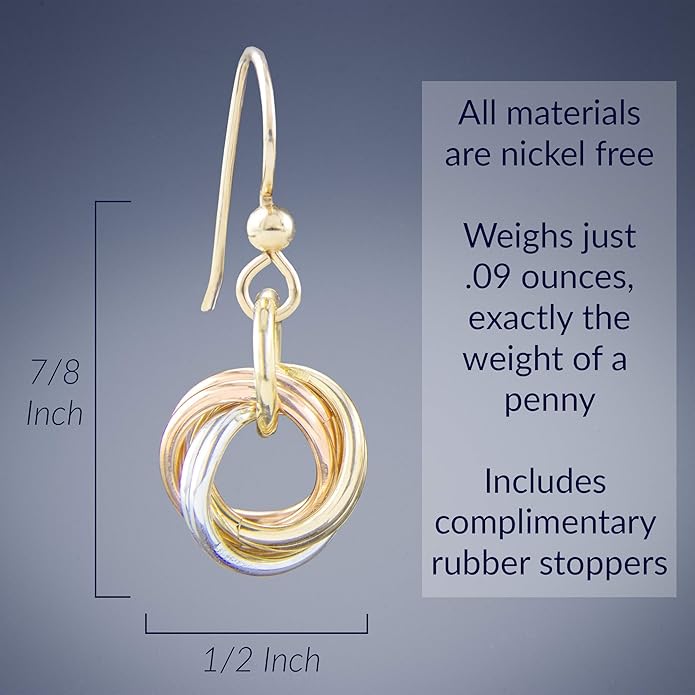 Tahmi Tricolor Love Knot Dainty Jewelry Gift Set Idea for Women with Sterling Silver 925 and 14K Yellow and Rose Gold-Filled Dangle Earrings and 20 Inch Pendant Necklace with Paperclip Chain