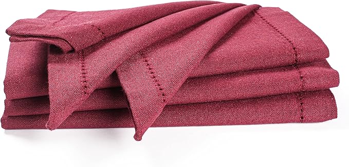 Palisa Cloth Dinner Napkins with Hemstitched Detailing & Mitered Corners Set of 4 (18x18 Inches) Burgundy - Cotton Reusable Dinner Napkins - Perfect for Weddings & Everyday Use