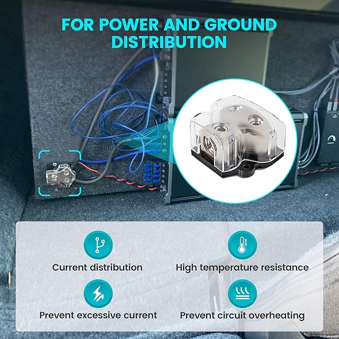 NuIth 2 Way Zine-Alloy Power Distribution Block, 0/2/4 Gauge in 4/8 Gauge Out Auto Car Audio Distribution Connecting Block, 2 Way Ground Distribution Block for Audio Amplifier Splitter, 1PC