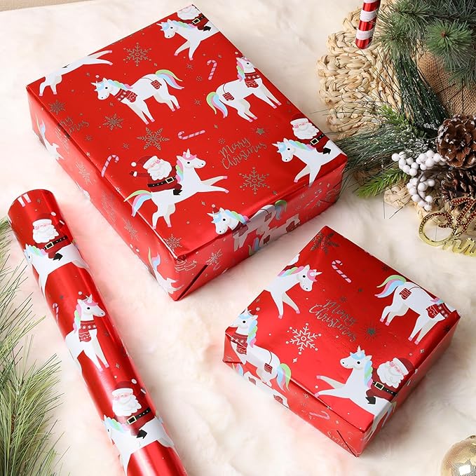 LaRibbons Christmas Foil Wrapping Paper Roll, Classic Santa Unicorn Rainbow Design Gift Wrap Paper for Kids, Christmas, Season Party, Holiday, 17 Inch X 33 Feet