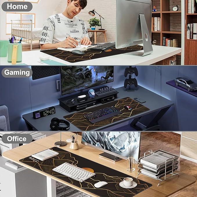 Golden Mountain and Moon Desk Mat,Large Luxury Gold Line Art Gaming Keyboard Mouse Pad,Non-Slip Rubber Base Desk Pad Thick Stitched Edges Waterproof Mousepad Mouse Mat 31.5"x11.8"
