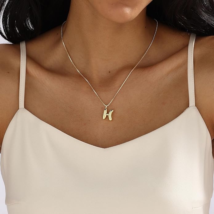 Bubble Gold Silver Letter Necklace Initial Necklaces for Women Trendy 14K Dainty Charm Pendant Name Necklace Personalized Jewelry Gift for Women Teen