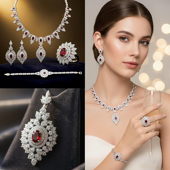 Rhinestone Wedding Bridal Jewelry Set Women's Prom-Style Necklace, Earrings, Bracelet, Ring Bridesmaid Gift Pairs with Evening Gown