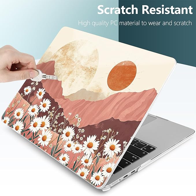 TWOLSKOO Compatible with M4 MacBook Air 13.6 inch Case 2025-2022 Release M4 A3240 M3 A3113 M2 A2681, Plastic Hard Shell & Keyboard Cover & Type C Adapter & Screen Protector, Mountains & Daisies