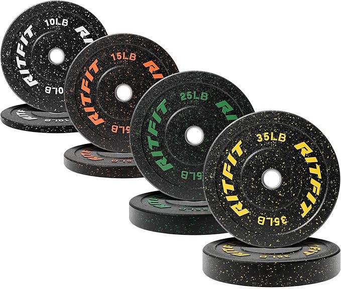 RitFit Bumper Plates, Colored Fleck-Rubber Weight Plates with Steel Insert, 2-inch Olympic Weight Plates for Weight Lifting and Strength Training, 170LB set