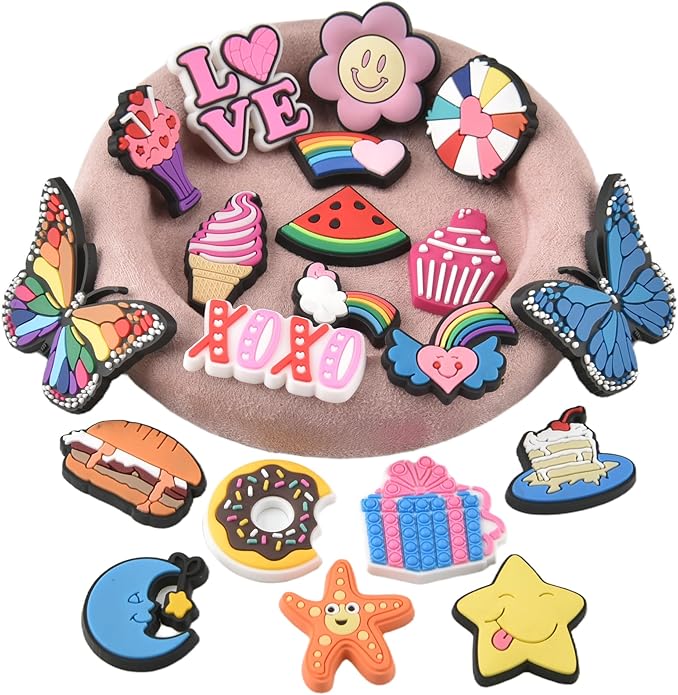 20PCS Cute Shoe Charms for Girls Teens - PVC Flower, Rainbow, Dessert Shoe Clips Decorations for Holely Shoes, Sneakers, Casual Footwear