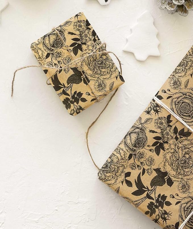 YXTII Kraft Floral Wrapping Paper, Gift Wrap with Cut Lines, Vintage Black Floral Design for Birthday, Wedding, Valentines, Christmas, Bridal Shower, Baby Shower, 17 Inches x 9.8 Feet, Mini Roll