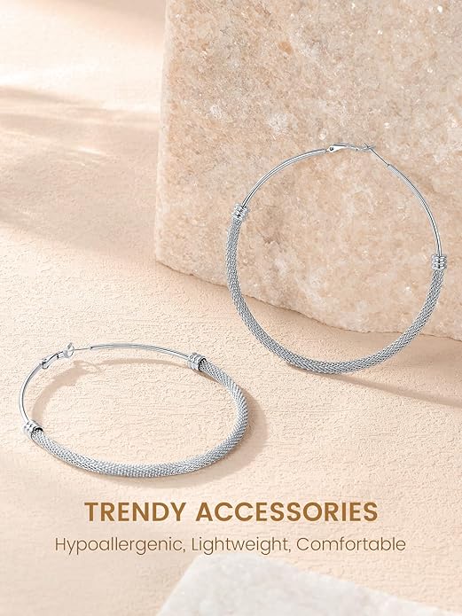 KeyStyle Mesh Hoop Earrings for Women, Stainless Steel Gold Hoops Earring Lightweight Loops, 2MM Thick Hypoallergenic Circle Endless Hollow Hoop 20mm-80mm