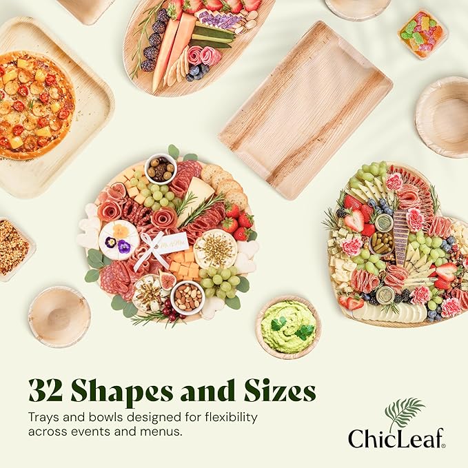 Chic Leaf Oval Palm Leaf Tray - 10" x 14", Pack of 20, Natural - Microwave & Oven Safe for BBQ Trays & Cheese Platter Thanksgiving Dinner Meal