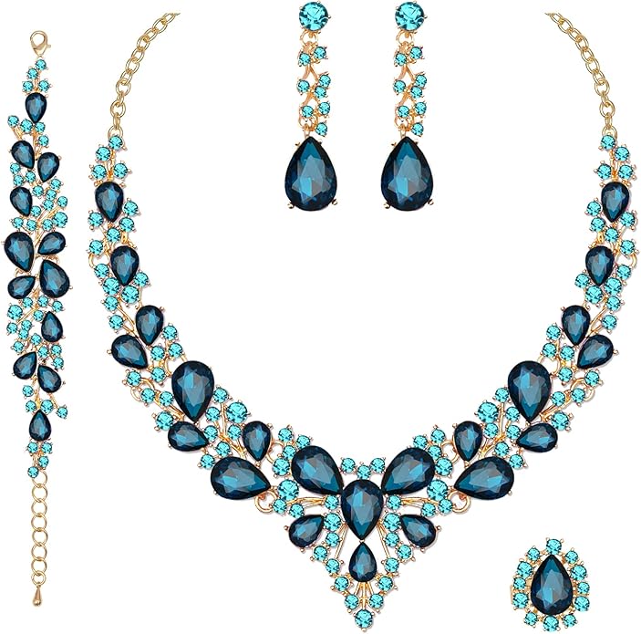 CSY 4 Pcs/Set Austrian Crystal Necklace Earrings Bracelet Ring Bridal Jewelry Sets for Brides Wedding Party Costume Accessories Gifts for Women