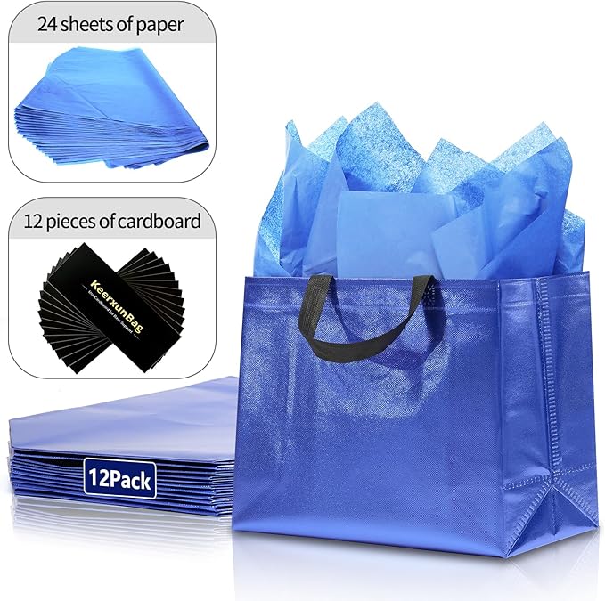 KeerxunBag 12Pcs Reusable Gift Bags（Includes Tissue Paper） Gift bag with handle Birthdays Parties Holidays Weddings Medium 13x5x11in Blue Gift Bags