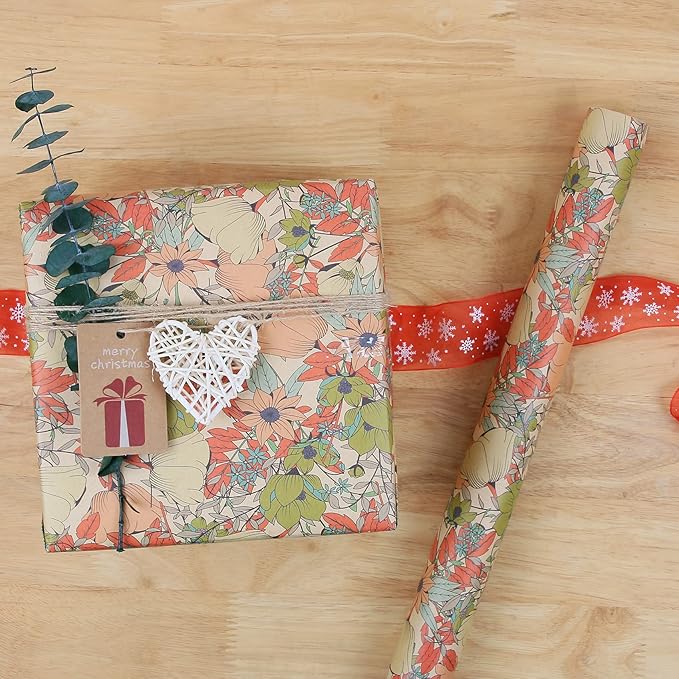 Aimyoo Kraft Floral Wrapping Paper Bundle, Vintage Spring Flowers Rose Gift Wrap Paper for Wedding Bridal Shower Birthday, 3 Rolls 17 in x 10 ft per Roll