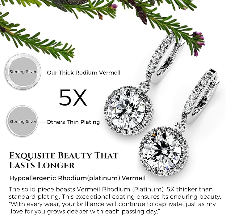 Moissanite Diamond Drop Earrings for Women Halo Solitaire S925 Rodium Vermeil Sterling Silver Dangle for Wife Girlfriend Mom Gifts for Her Daughter on Birthday Wedding Anniversary