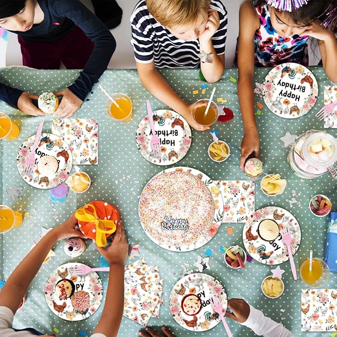 96Pcs Chicken Birthday Party Decorations Disposable Tableware Set - Floral Chick Hens Happy Birthday Paper Plates Napkins Forks Rustic Flower Poultry Dessert Farmhouse Party Supplies Serve 24 Guests