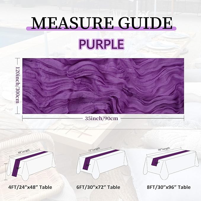 RestfulGlow12 Pack Purple Cheesecloth Table Runner 10FT Boho Gauze Fabric Table Runner 35 x 120 Inch Rustic Sheer Runner for Centerpiece Wedding Decor Baby Shower Party Table Decoration（Purple）