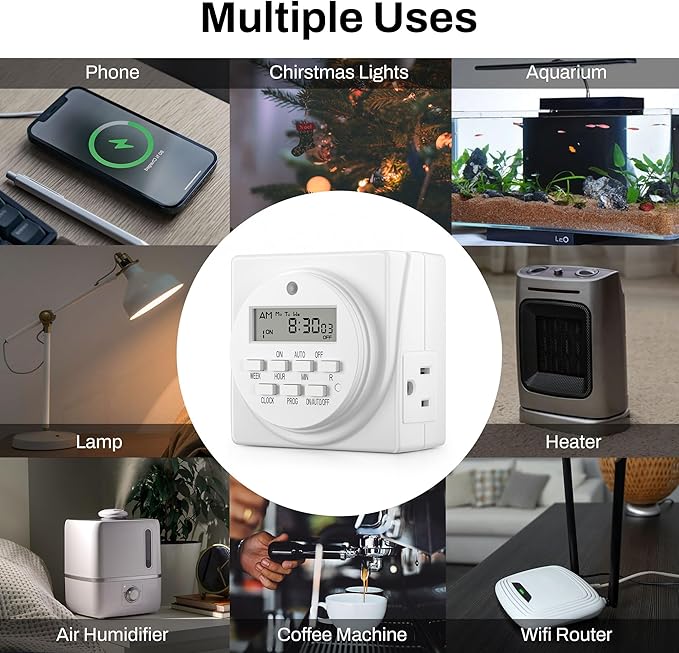 BN-LINK 7 Day Heavy Duty Digital Programmable Timer, 120V, 60Hz, Dual Outlet, Indoor, for Lamp Light Fan Security ETL Listed