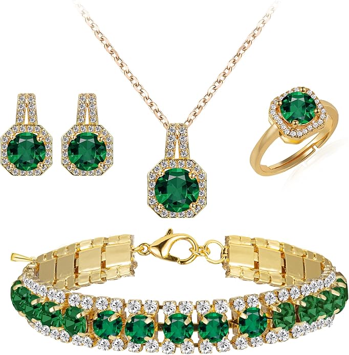 4pcs Cubic Zirconia Wedding Jewelry Sets for Bride Bridesmaid Cubic Zirconia Pendant Necklace Earrings Link Tennis Bracelet Open Ring Set for Women