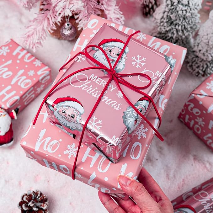 MAYPLUSS Pink Christmas Wrapping Paper Roll - 17IN X 33FT - Santa Claus Gift Wrapping Paper Featuring Merry Christmas Snowflake Reversible HO for Kids, Holiday, New Year
