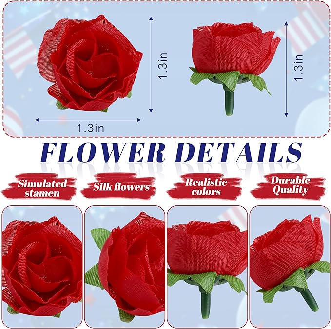 100pc Mini Patriotic Roses Head Bulk, 4th of July Artificial Small Rose Flower for Independence Day DIY Decor 1.3 Inch Red White and Blue Flower for Wedding Arrangement