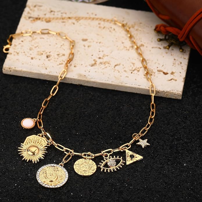 MISS RIGHT Dainty Gold Evil Eye Hamsa Hand Coin Lucky Charm Pendant Necklace for Women Trendy Vintage Paperclip Chain Sun Moon Clover Flower Chunky Charm Necklace Jewelry Gifts