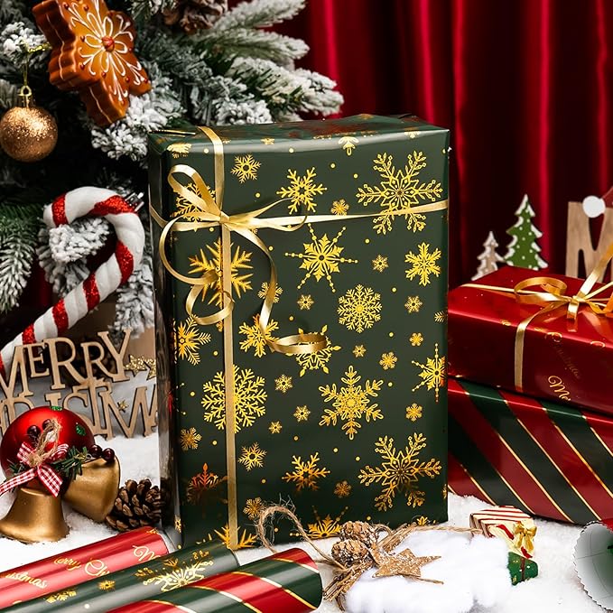 MAYPLUSS Shiny Christmas Wrapping Paper - 17In x 120In Per Roll - Classic Red & Green Stripe, Forest Green & Gold Snowflake, Red & Gold Merry Christmas Text Design Gift Wrap Paper for Holiday, Party